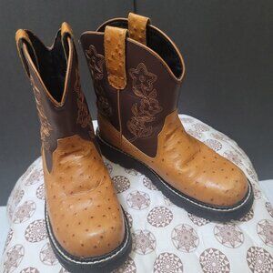 Justin Gypsy Women’s Cowgirl Brown Tan Leather Ostrich Print Boots size 8
